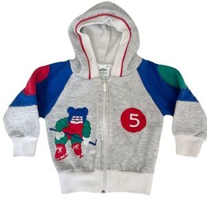 Vintage 1990s ICZ Kids 12M Baby Hoodie Sweater Hockey Player Grey Blue Green Red